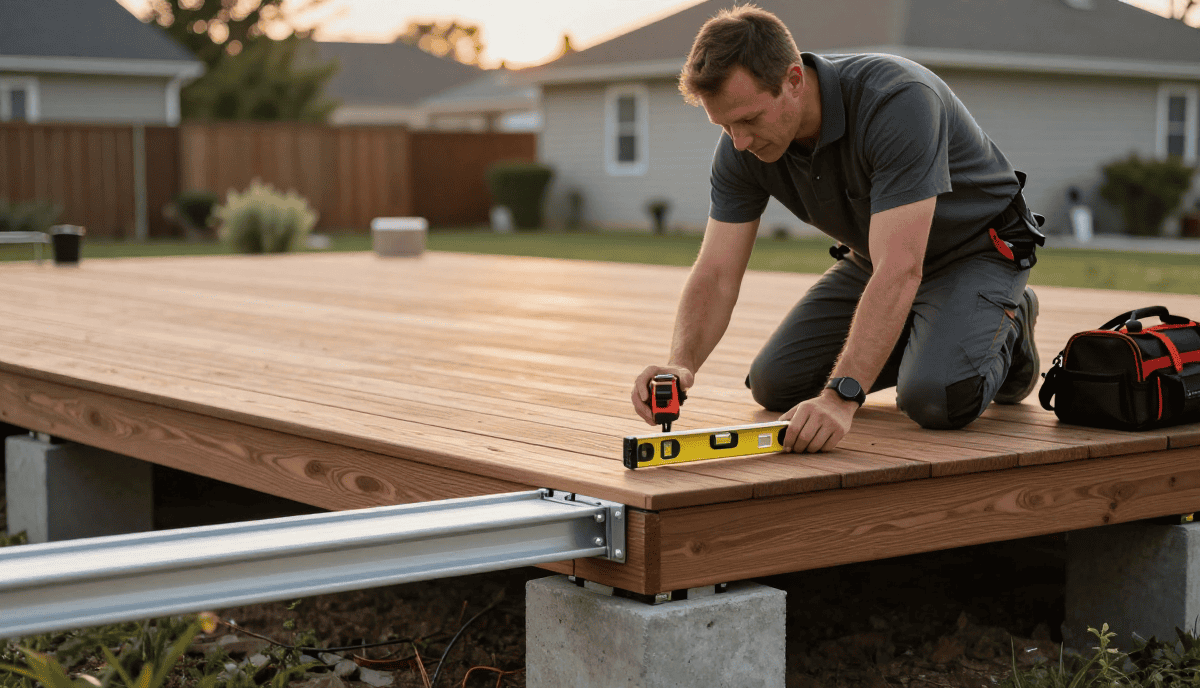 Homme utilisant un niveau pour aligner une terrasse en bois extérieure.