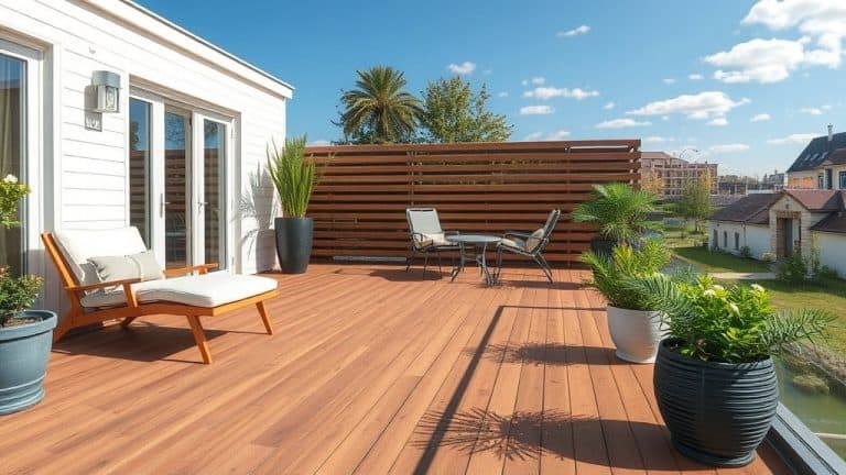 Balcon en bois avec mobilier extérieur, chaises longues et plantes décoratives, offrant un espace de détente en plein air avec vue sur la ville et le ciel bleu.