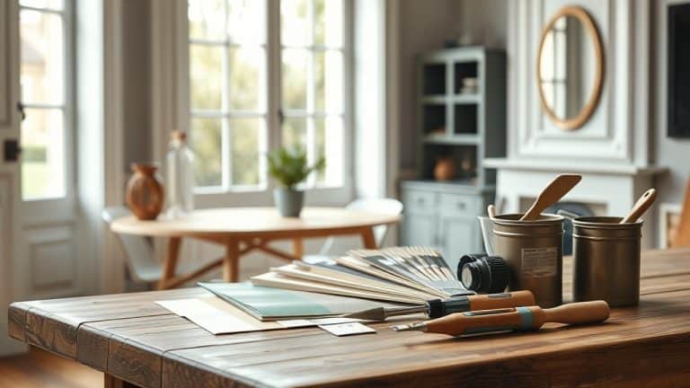 Outils de bricolage et fournitures sur un plan de travail en bois dans une cuisine lumineuse, parfaits pour projets DIY et réparations à domicile.