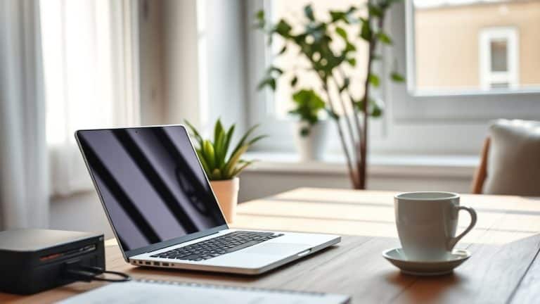 Poste de travail avec ordinateur portable, tasse de café et plantes d'intérieur dans une pièce lumineuse.