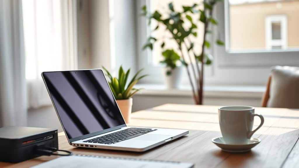Poste de travail avec ordinateur portable, tasse de café et plantes d'intérieur dans une pièce lumineuse.