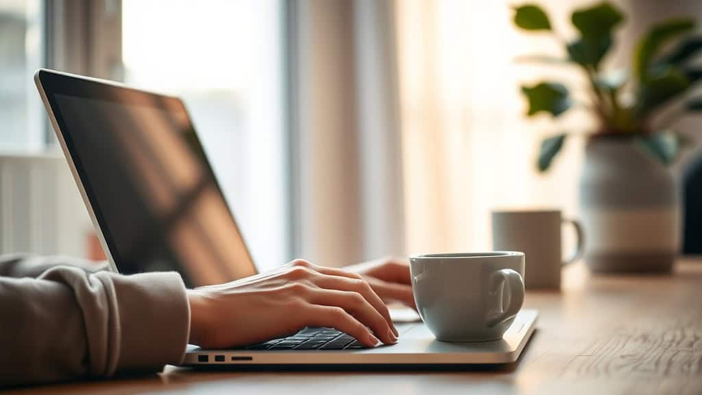 Personne utilisant un ordinateur portable sur un bureau lumineux avec une tasse de café, ambiance de travail à domicile ou en bureau moderne.