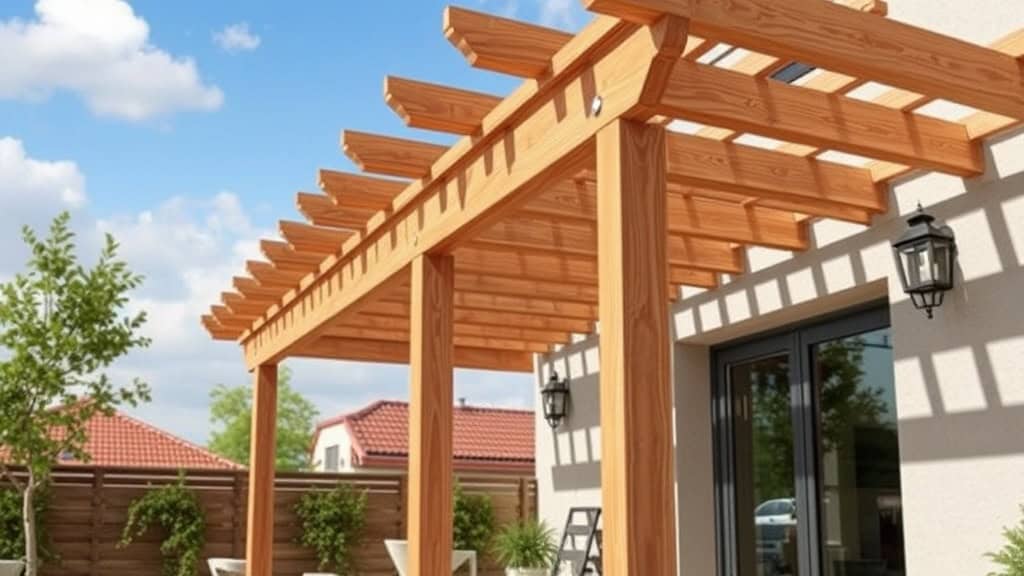 Balcon en bois avec pergola en plein air, idéal pour profiter du soleil et créer un espace extérieur convivial. Structure en bois naturel, parfait pour l'aménagement extérieur.