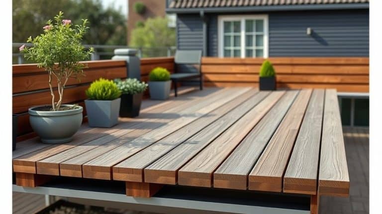Balcon en bois avec plantes en pot, mobilier extérieur et vue sur maison moderne. Parfait pour détente et convivialité en plein air.