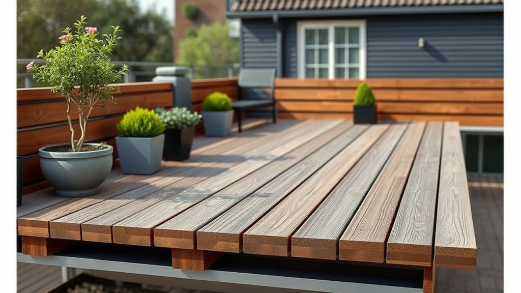 Balcon en bois avec plantes en pot, mobilier extérieur et vue sur maison moderne. Parfait pour détente et convivialité en plein air.