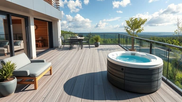 Balcon avec jacuzzi extérieur et vue imprenable sur la nature, idéal pour la détente et le bien-être. Aménagement moderne avec mobilier confortable, parfait pour profiter des beaux jours.