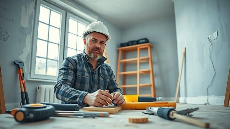 Homme en casque de sécurité avec outils de bricolage dans une pièce en rénovation.