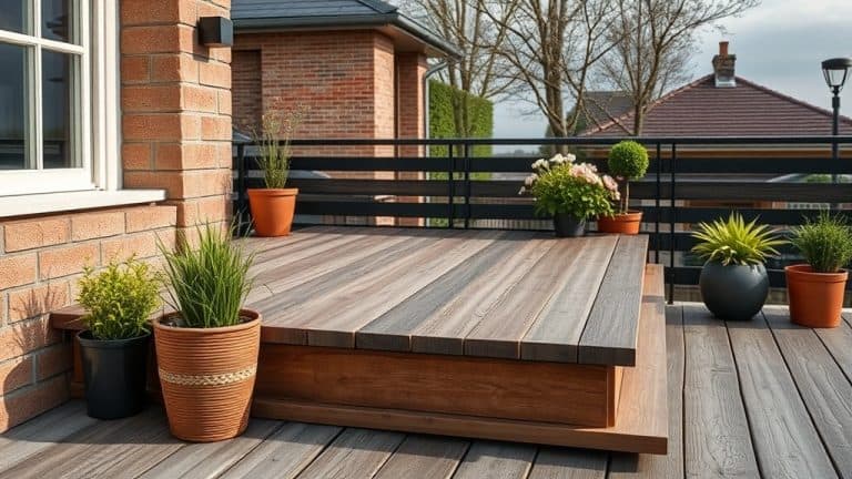 Balcon en bois avec plusieurs pots de plantes vertes et fleuries, entouré d'une rambarde noire, dans un environnement résidentiel.