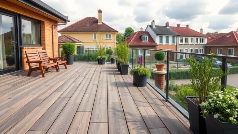 Balcon en bois avec plantes en pot et vue sur maisons de banlieue.