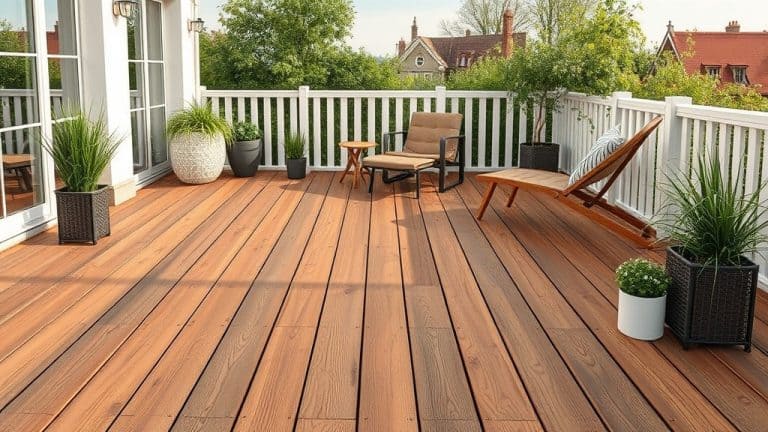 Balcon en bois avec mobilier de jardin moderne et plantes vertes.