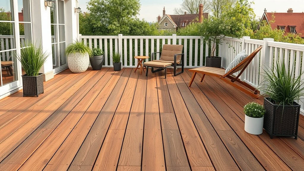 Balcon en bois avec mobilier de jardin moderne et plantes vertes.