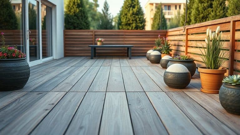 Balcon en bois spacieux avec plantes en pot, décoration moderne et espace détente, idéal pour profiter du plein air et créer un coin extérieur accueillant.