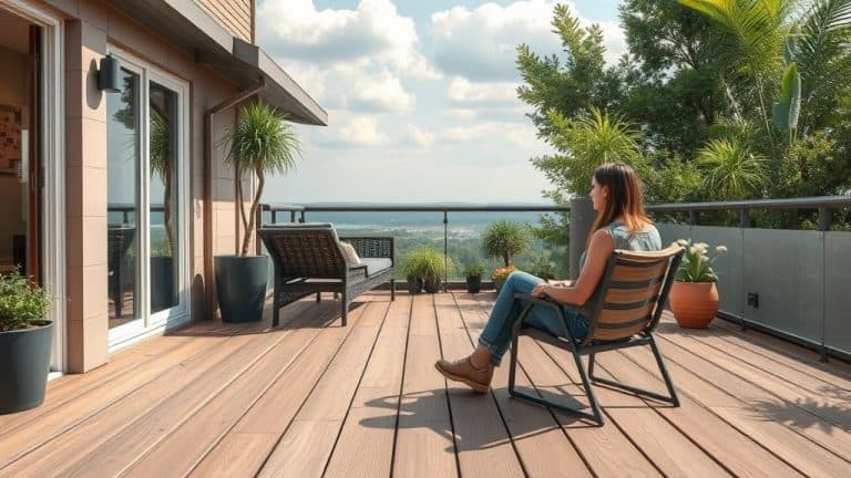 Balcon spacieux avec vue panoramique sur la nature, idéal pour la détente et les activités en plein air. Aménagement moderne avec mobilier confortable, entouré de végétation luxuriante.