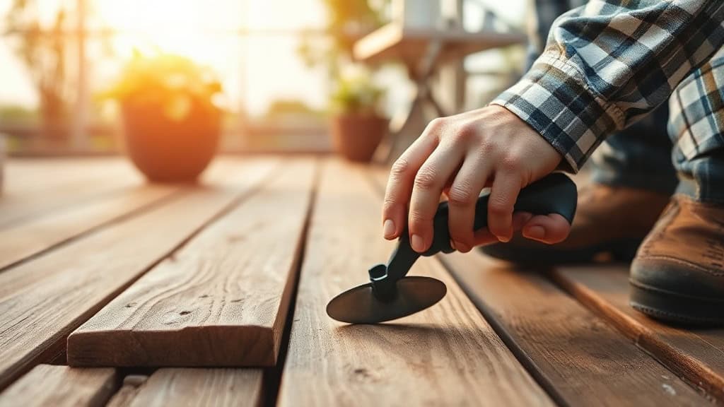 Personne utilisant un outil de bricolage pour travailler le bois sur une terrasse en bois en plein air au coucher du soleil.