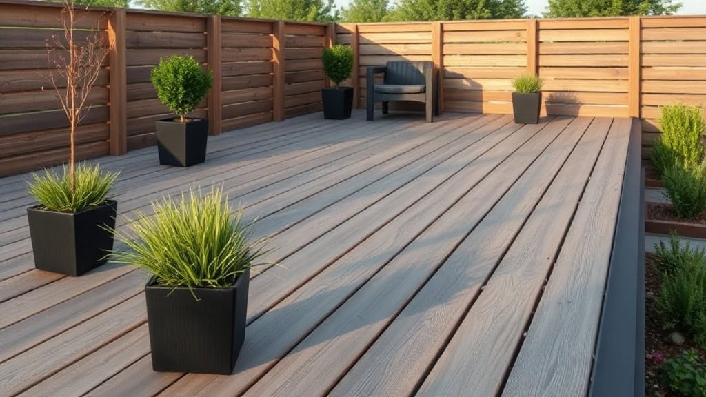 Terrasse en bois avec plusieurs plantes en pot et un coin salon extérieur, idéale pour profiter du jardin en plein air.