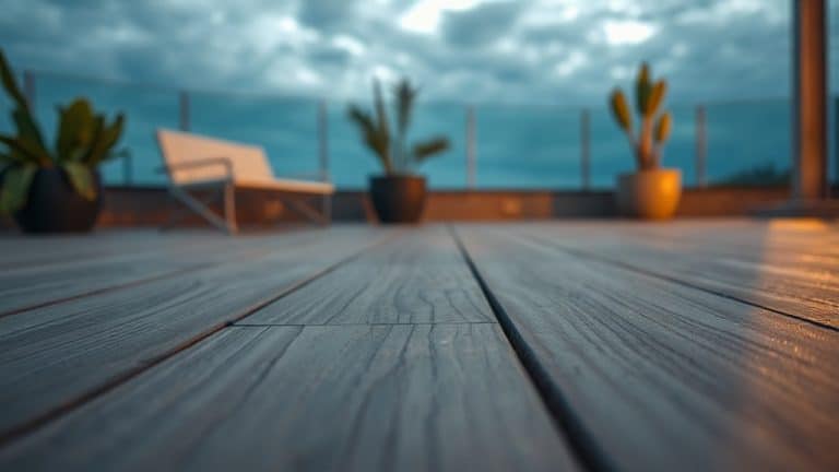 Terrasse en bois avec vue panoramique sur la mer, mobilier de détente et plantes en pot, ambiance relaxante au coucher du soleil.