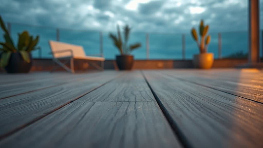 Terrasse en bois avec vue panoramique sur la mer, mobilier de détente et plantes en pot, ambiance relaxante au coucher du soleil.