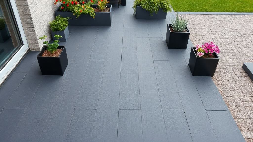 Terrasse en composite gris foncé avec plusieurs pots de fleurs colorés et verdure, espace extérieur accueillant et bien aménagé.