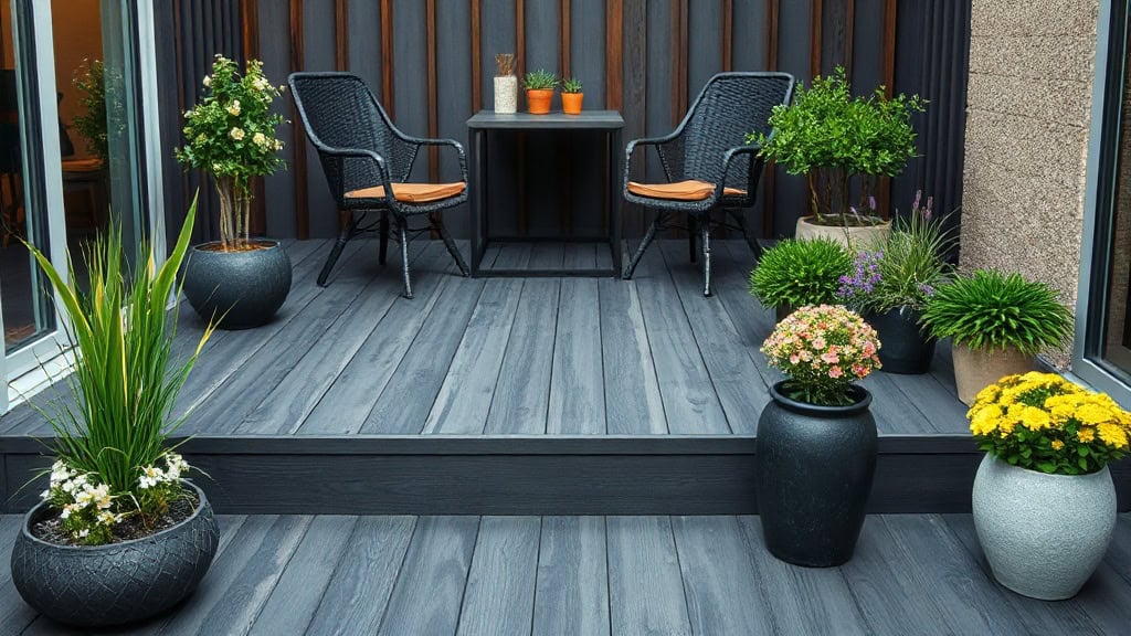 Terrasse extérieure moderne avec mobilier en métal et plantes en pot, idéale pour détente et repas en plein air.