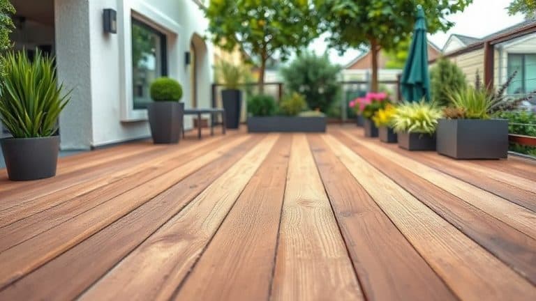 Balcon en bois naturel avec mobilier extérieur, plantes en pot et parasol, espace détente et jardin urbain, ambiance chaleureuse et conviviale, aménagement extérieur moderne et écologique.