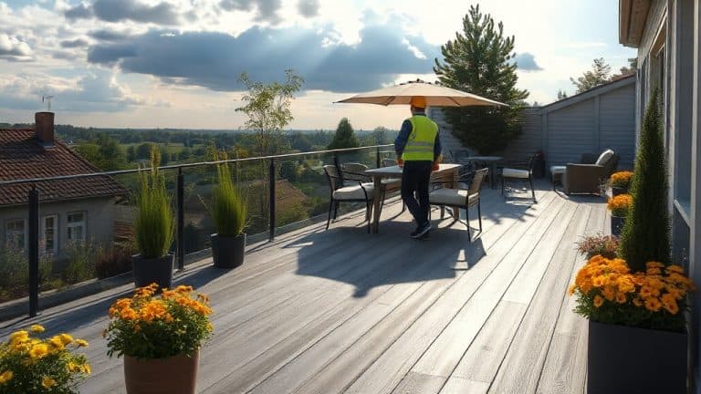 Balcon spacieux avec mobilier de jardin, parasol et vue imprenable sur la nature environnante, idéal pour profiter de moments de détente en plein air.
