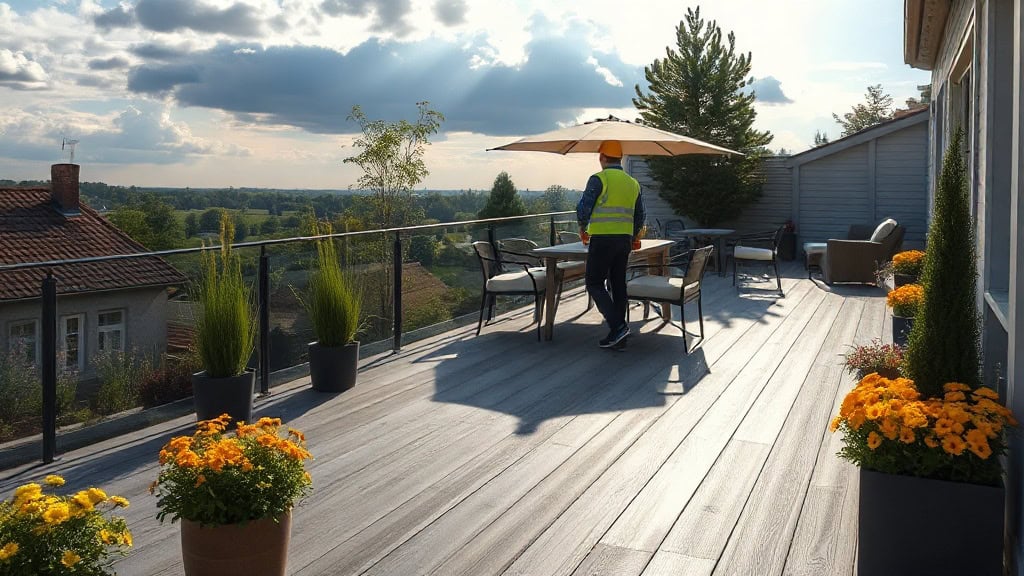 Balcon spacieux avec mobilier de jardin, parasol et vue imprenable sur la nature environnante, idéal pour profiter de moments de détente en plein air.