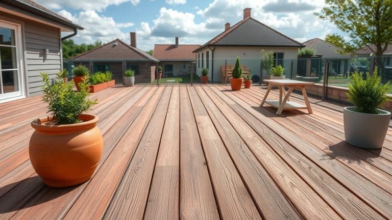 Balcon en bois naturel avec mobilier de jardin et plantes en pot, espace extérieur convivial et moderne.