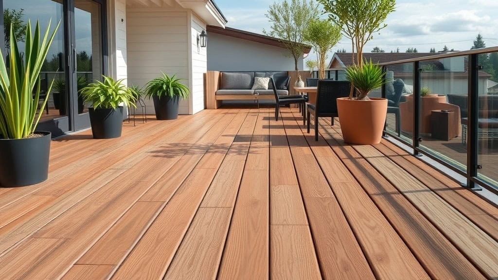 Terrasse en bois avec mobilier extérieur, plantes en pot, vue sur le ciel et la nature, espace détente moderne et accueillant.