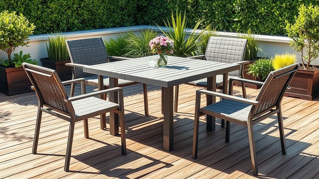 Ensemble de mobilier extérieur en bois pour terrasse avec table et chaises confortables.