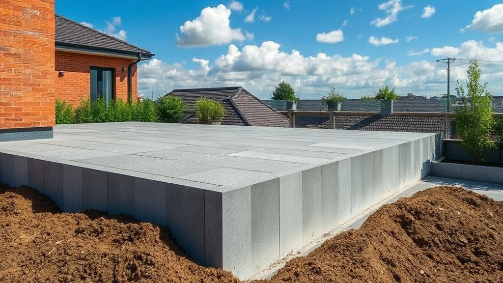 Vue d'une terrasse en béton fraîchement construite dans un jardin résidentiel avec ciel bleu et nuages blancs.