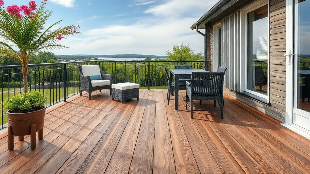 Balcon en bois spacieux avec mobilier extérieur moderne, comprenant une table, des chaises et un fauteuil, offrant une vue panoramique sur la nature environnante. Parfait pour profiter de l'extérieu.
