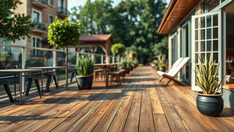 Terrasse en bois avec mobilier extérieur, plantes en pot, et vue sur un jardin verdoyant, idéale pour détente et repas en plein air.