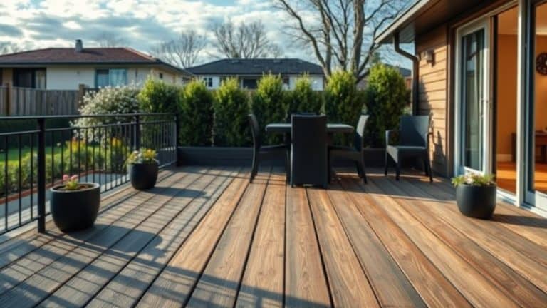 Terrasse en bois avec mobilier de jardin, vue sur jardin et maison moderne, idéale pour détente en plein air.