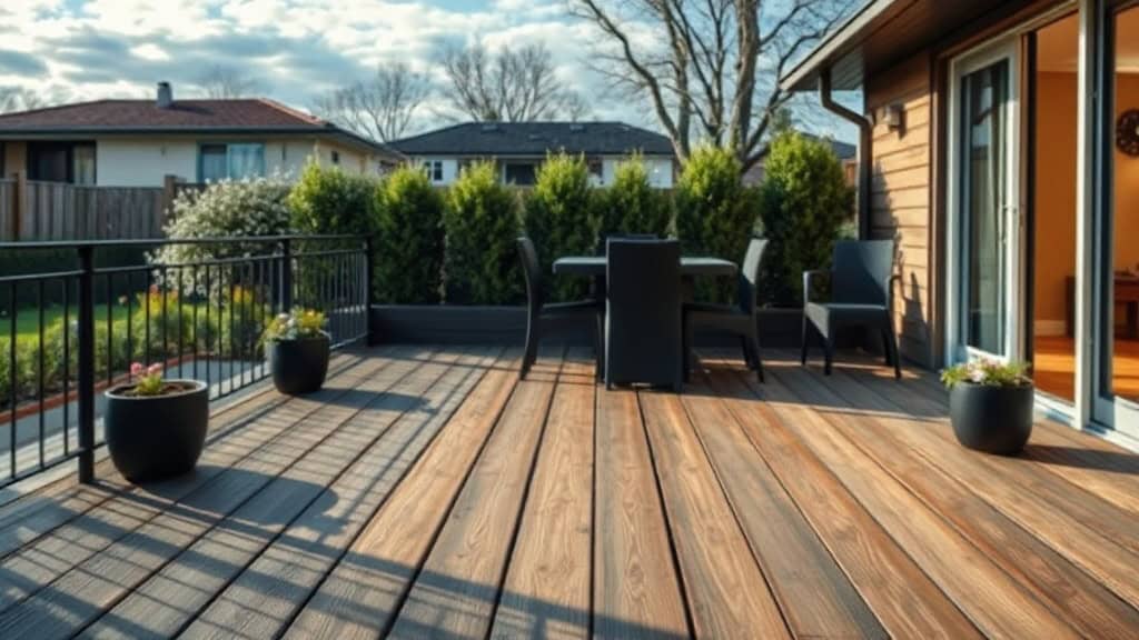 Terrasse en bois avec mobilier de jardin, vue sur jardin et maison moderne, idéale pour détente en plein air.