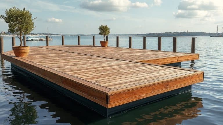 Ponton en bois flottant avec deux arbres en pot, idéal pour activités nautiques ou détente sur l'eau.