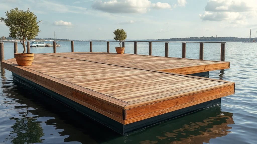 Ponton en bois flottant avec deux arbres en pot, idéal pour activités nautiques ou détente sur l'eau.