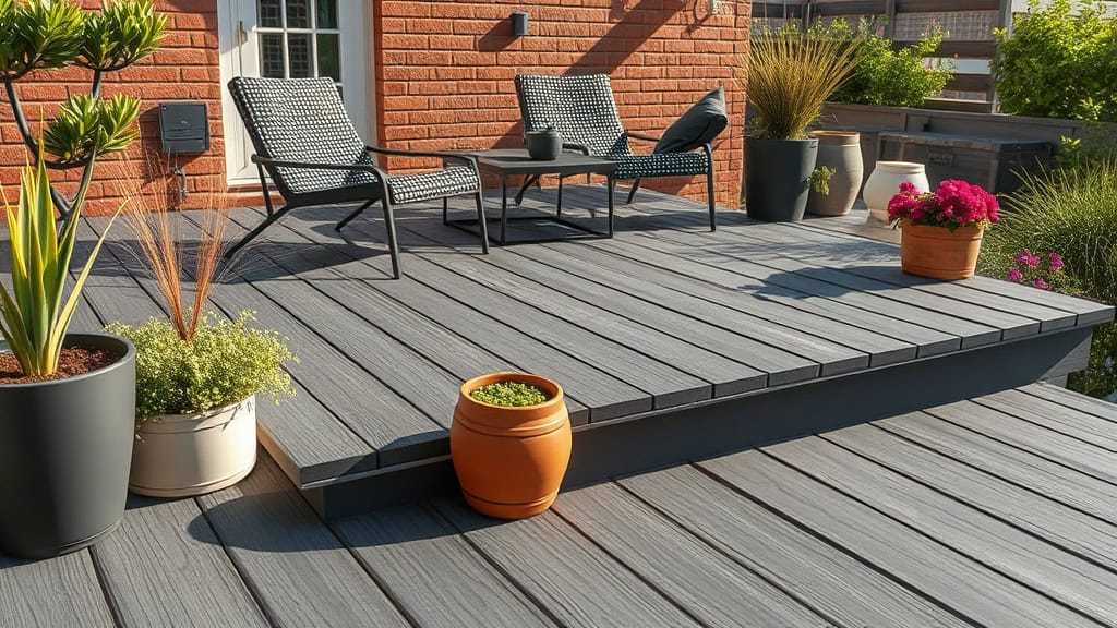 Terrasse extérieure en bois avec mobilier de jardin, plantes en pot et décorations florales pour un espace extérieur convivial.