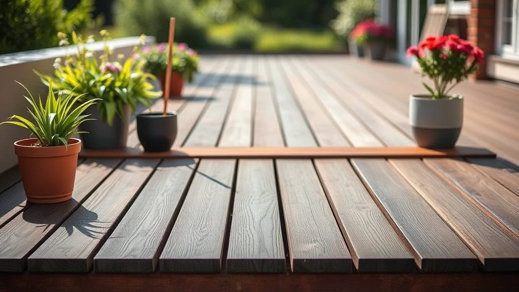 Terrasse en bois avec plusieurs plantes en pot colorées, idéale pour un espace extérieur convivial et relaxant.