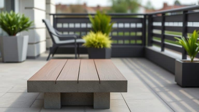 Balcon extérieur avec table en bois, chaises et plantes vertes, vue sur un espace extérieur moderne et accueillant.