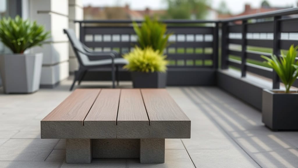 Balcon extérieur avec table en bois, chaises et plantes vertes, vue sur un espace extérieur moderne et accueillant.