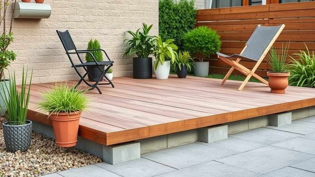 Terrasse extérieure en bois avec chaises, fauteuils et plantes vertes pour un espace détente.