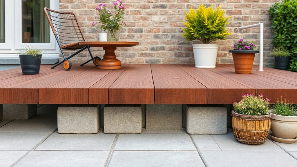 Terrasse extérieure en bois avec mobilier, plantes en pot et mur en briques, espace de détente et de jardinage.