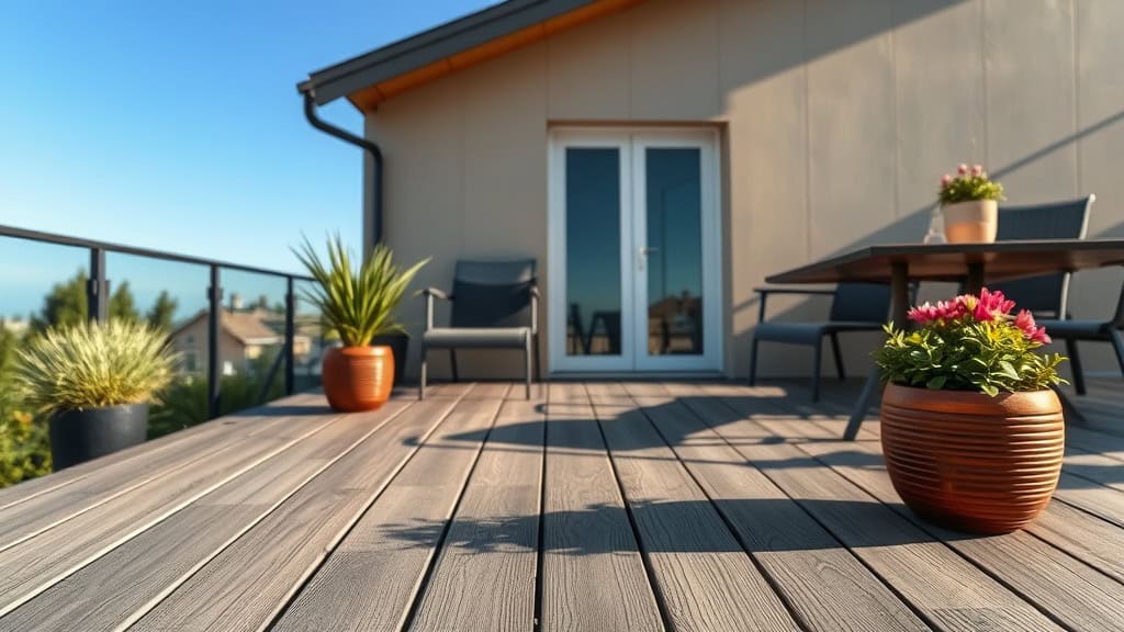 Terrasse en bois avec mobilier de jardin, plantes en pot et vue sur le ciel bleu, idéale pour détente en extérieur.