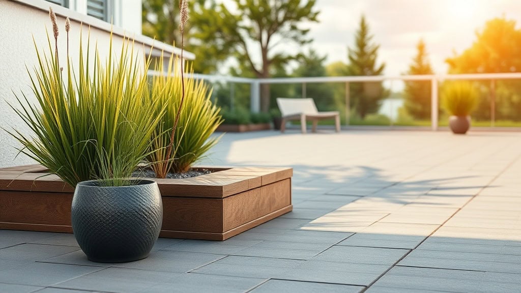 Terrasse extérieure avec plantes en pot, mobilier et vue sur la nature au coucher du soleil.