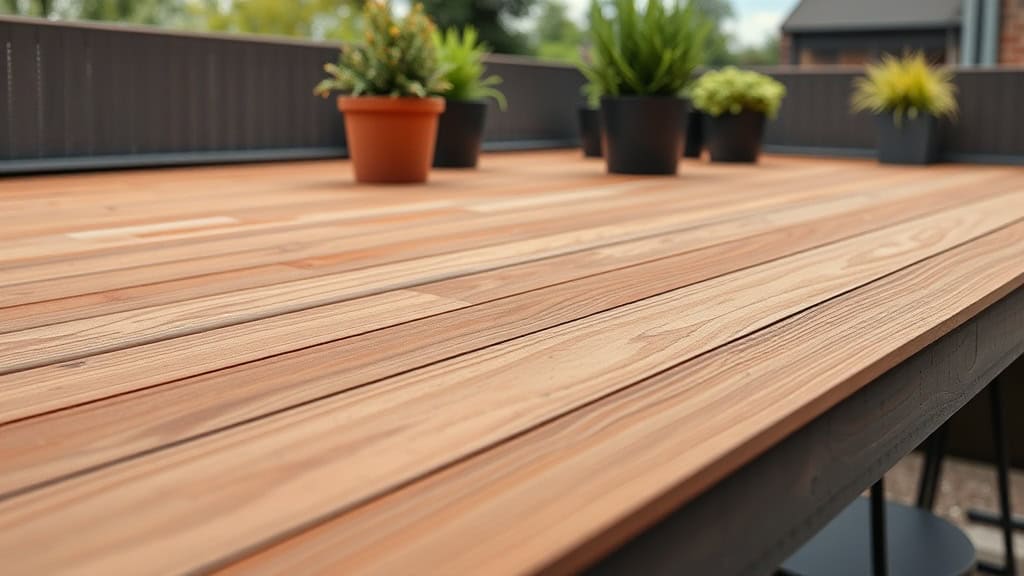 Terrasse en bois naturel avec plusieurs plantes en pot vertes et fleuries, espace extérieur accueillant et bien entretenu.