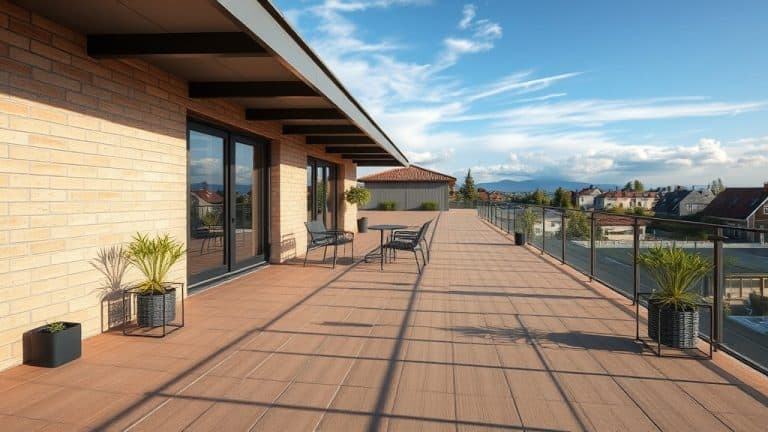 Grande terrasse en bois avec mobilier moderne, vue dégagée sur la ville et montagnes au loin, ciel bleu avec quelques nuages, espace extérieur lumineux et accueillant.