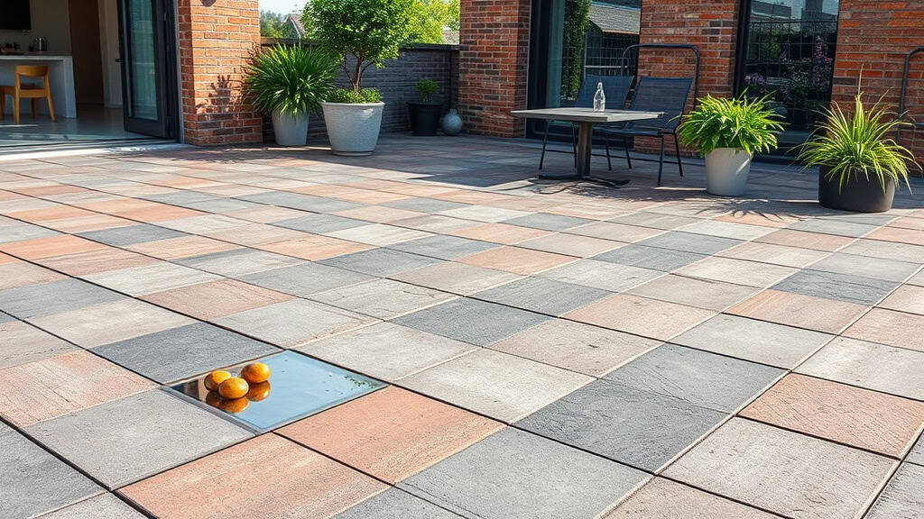 Terrasse moderne en pavés en pierre naturelle avec mobilier extérieur et plantes décoratives.