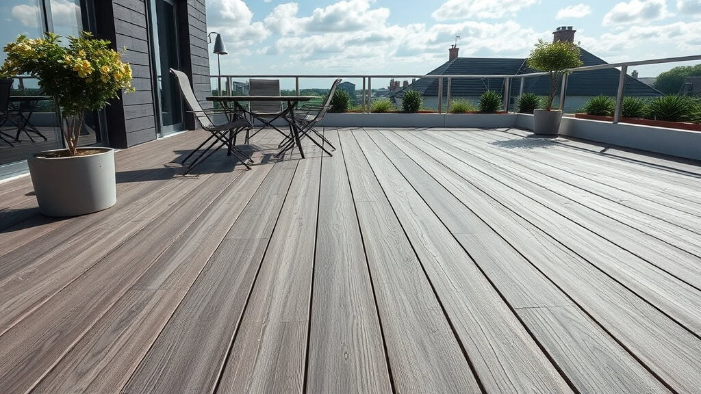 Terrasse en bois avec mobilier extérieur, vue panoramique, plantes en pot, ciel ensoleillé, espace détente moderne.