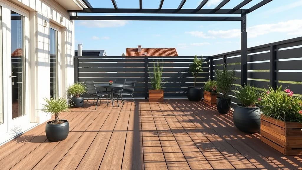 Balcon en bois avec plusieurs pots de plantes vertes et un mobilier extérieur moderne sous un ciel ensoleillé.