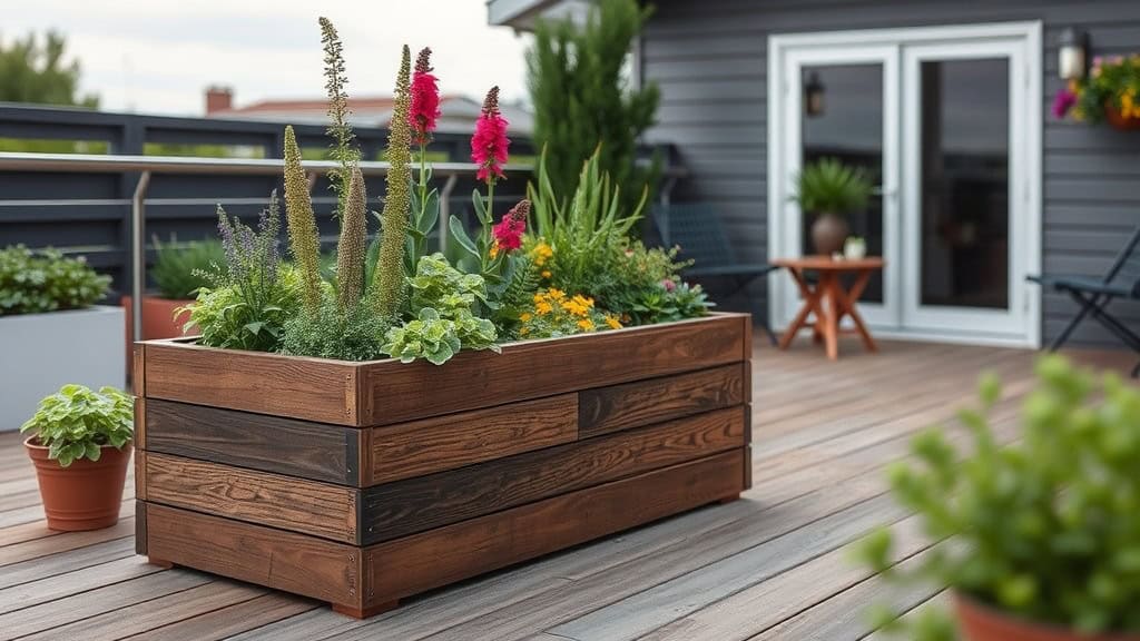 Jardinière en bois avec plantes colorées sur une terrasse en bois, idéale pour l'aménagement extérieur et la décoration de jardin.